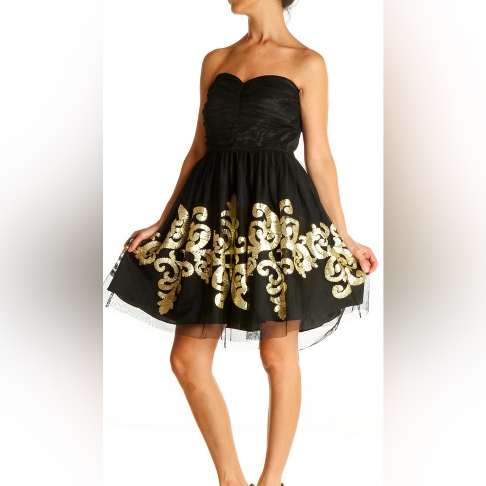 June and Ivy Black Strapless Dress with Rouched Tulle & Gold sequin design SZ S